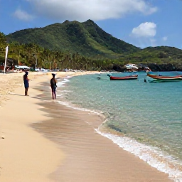 Caribbean Holidays, Martinique Business Class, Travellers exploring Anse Dufour beach in Martinique with clear water, golden sand, green hills and colourful fishing boats