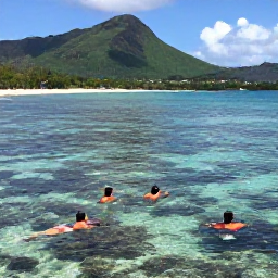 Caribbean Holidays, Martinique Business Class, Visitors snorkelling in clear calm water above a colourful reef near Martinique, with green hills and a small beach in the background