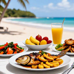 Caribbean Holidays, Martinique Cooking, A Martinique seaside table in August serving grilled fish, plantain, Creole vegetables and tropical fruit