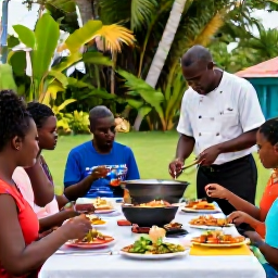 Caribbean Holidays, Martinique Cooking, A relaxed outdoor cooking class in Martinique with a local chef preparing Creole dishes beside a tropical garden