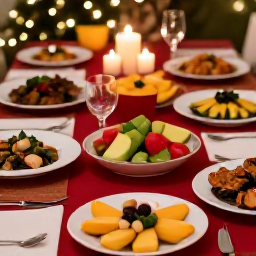 Caribbean Holidays, Martinique Cooking, Festive Martinique table at Christmas with Creole dishes, seafood, tropical fruit and warm candlelight