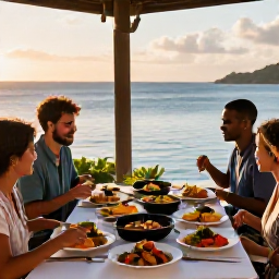 Caribbean Holidays, Martinique Cooking, Friends enjoying a relaxed Martinique cooking holiday meal on a terrace overlooking the sea, colourful dishes and warm evening light