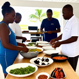 Caribbean Holidays, Martinique Cooking Holidays, A friendly Martinique cook leading a hands-on Creole cooking class in a bright open kitchen, with fresh seafood, herbs and spices on the table
