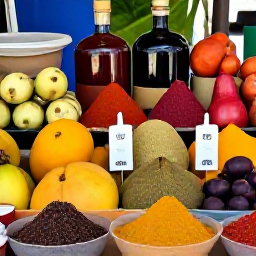 Caribbean Holidays, Martinique Cooking Holidays, A Martinique market stall displaying colourful spices, vanilla, rum, tropical fruit and fresh local ingredients in natural daylight