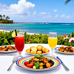 Caribbean Holidays, Martinique Cooking Holidays, A relaxed outdoor table in Martinique with a freshly prepared Creole meal, colourful plates, local drinks and a view towards the Caribbean Sea