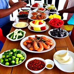 Caribbean Holidays, Martinique Cooking Holidays, Fresh seafood, tropical vegetables and spices arranged on a wooden table in a Martinique cooking class