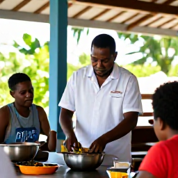 Caribbean Holidays, Martinique Cooking Holidays, Friendly local chef leading a hands-on Creole cooking class in a bright open-air kitchen in Martinique