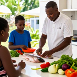 Caribbean Holidays, Martinique Cooking Holidays, Friendly local chef leading a small cooking class in a bright Martinique kitchen, with fresh fish, vegetables, herbs and spices on the worktop