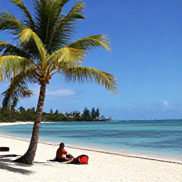 Caribbean Holidays, Martinique Cooking Holidays, Golden Martinique beach with calm turquoise water, palm trees and a relaxed visitor enjoying the January sunshine