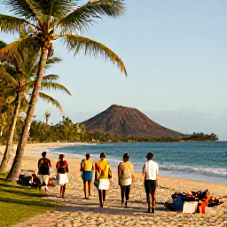 Caribbean Holidays, Martinique Cooking Holidays, Holidaymakers walking along a palm-fringed Martinique beach after a cooking class, with turquoise sea, volcanic hills and warm late-afternoon light