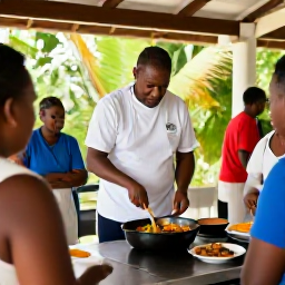 Caribbean Holidays, Martinique Cooking Holidays, Local Martinique chef teaching visitors to prepare Creole dishes in a welcoming outdoor kitchen