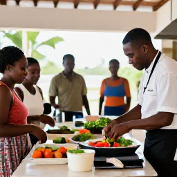 Caribbean Holidays, Martinique Cooking Holidays, Local Martinique cooking class in a bright open kitchen, with a chef preparing vegetables, herbs and fresh seafood beside visiting holidaymakers