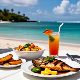 Caribbean Holidays, Martinique Cooking Holidays, Martinique seaside restaurant table with Creole dishes, grilled fish, plantain and tropical drinks overlooking a turquoise bay