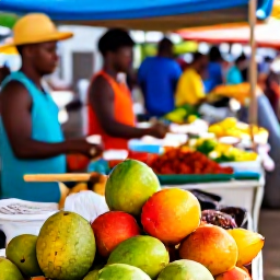 Caribbean Holidays, Martinique Cooking Holidays, Outdoor market in Fort-de-France, Martinique, with colourful tropical fruit, spices, fresh fish and local shoppers in warm March sunshine
