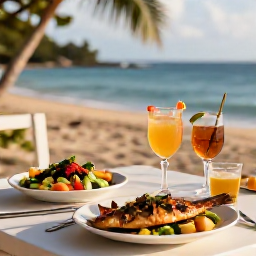 Caribbean Holidays, Martinique Cooking Holidays, Outdoor table beside a quiet Martinique beach with Creole dishes, grilled fish, fresh salad and rum cocktails in soft afternoon sunshine