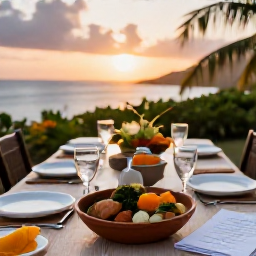 Caribbean Holidays, Martinique Cooking Holidays, Relaxed Martinique cooking holiday table with recipe notes, tropical ingredients and a finished Creole meal at sunset