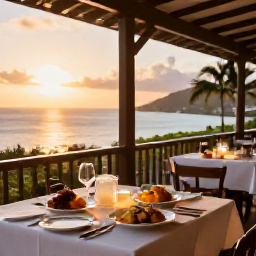 Caribbean Holidays, Martinique Cooking Holidays, Relaxed Martinique restaurant terrace at sunset with Creole dishes and a view towards the Caribbean Sea