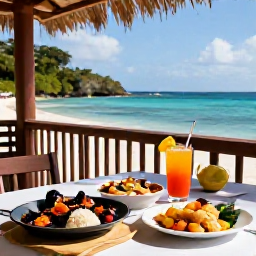 Caribbean Holidays, Martinique Cooking Holidays, Rustic Martinique dining table on a shaded terrace, featuring Creole seafood, rice, plantain, salad and colourful tropical drinks overlooking the sea