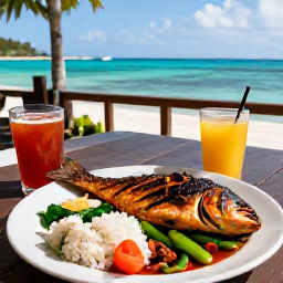 Caribbean Holidays, Martinique Cooking Holidays, Traditional Martinique seafood lunch with grilled fish, rice, vegetables and Creole sauces on a shaded terrace beside the Caribbean Sea