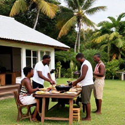 Caribbean Holidays, Martinique Cooking Holidays, Travellers enjoying a relaxed outdoor cooking experience and shared meal at a Martinique villa surrounded by tropical greenery