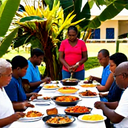 Caribbean Holidays, Martinique Cooking Holidays, Visitors enjoying a Martinique cooking class beside a sunny garden, with Creole dishes, fresh seafood and tropical plants