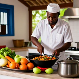 Caribbean Holidays, Martinique Cooking, Local cook preparing Creole food in a welcoming Martinique kitchen, with colourful ingredients and traditional cookware
