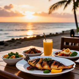 Caribbean Holidays, Martinique Cooking, Martinique beach restaurant at sunset with grilled fish, Creole side dishes and a relaxed view across the Caribbean Sea