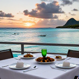 Caribbean Holidays, Martinique Cooking, Outdoor dining table in Martinique overlooking a turquoise Caribbean bay at sunset, with Creole dishes