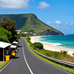 Caribbean Holidays, Martinique Cooking, Scenic Martinique coastal road leading from a food market towards a sandy beach, with lush hills and turquoise sea