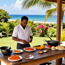 Caribbean Holidays, Martinique Cooking, Traveller enjoying a cooking holiday in Martinique, with a sea view, tropical garden and ingredients on a rustic table