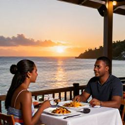 Caribbean Holidays, Martinique Couples Holidays, A couple dining at an open-air waterfront restaurant in Martinique with local dishes and sunset views