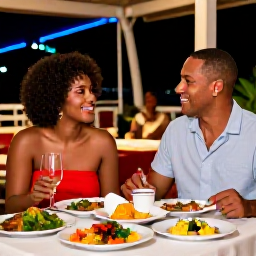 Caribbean Holidays, Martinique Couples Holidays, A couple dining at an outdoor restaurant in Fort-de-France, with colourful Martinique food and a warm evening atmosphere