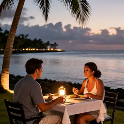 Caribbean Holidays, Martinique Couples Holidays, A couple dining beside the sea in Martinique at dusk, with lanterns, elegant local food and a warm tropical evening