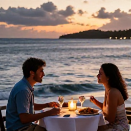 Caribbean Holidays, Martinique Couples Holidays, A couple enjoying a candlelit dinner at a relaxed Martinique seaside restaurant at sunset, local Caribbean dishes and gentle waves