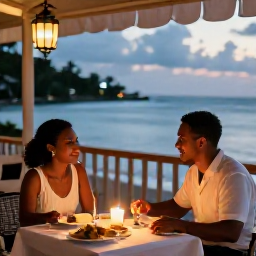 Caribbean Holidays, Martinique Couples Holidays, A couple enjoying a candlelit dinner at a stylish seaside restaurant in Martinique, with local food and warm evening light