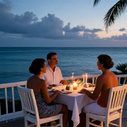 Caribbean Holidays, Martinique Couples Holidays, A couple enjoying a candlelit dinner on a Martinique terrace overlooking the sea at dusk