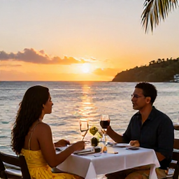 Caribbean Holidays, Martinique Couples Holidays, A couple enjoying a romantic sunset dinner at a waterside restaurant in Martinique