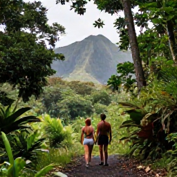 Caribbean Holidays, Martinique Couples Holidays, A couple exploring a green Martinique rainforest trail near a waterfall, tropical plants and volcanic hills in the background