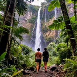 Caribbean Holidays, Martinique Couples Holidays, A couple exploring a lush Martinique rainforest trail beneath towering tropical trees and waterfalls