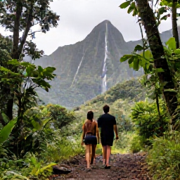 Caribbean Holidays, Martinique Couples Holidays, A couple exploring a lush Martinique rainforest trail near a waterfall with dramatic mountain scenery