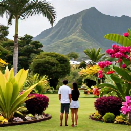 Caribbean Holidays, Martinique Couples Holidays, A couple exploring the lush Jardin de Balata in Martinique, surrounded by tropical plants, flowers and mountain scenery