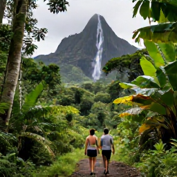 Caribbean Holidays, Martinique Couples Holidays, A couple hiking through lush rainforest towards a waterfall in northern Martinique, with volcanic mountains and tropical foliage