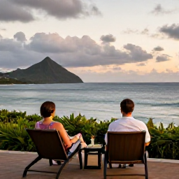 Caribbean Holidays, Martinique Couples Holidays, A couple relaxing on a hotel terrace overlooking the Caribbean Sea in Martinique at dusk