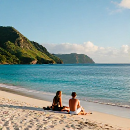 Caribbean Holidays, Martinique Couples Holidays, A couple relaxing on a quiet Martinique beach in May, turquoise Caribbean sea, green hills and soft morning sunshine