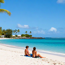 Caribbean Holidays, Martinique Couples Holidays, A couple relaxing on a quiet white-sand beach in Martinique in June, with turquoise water, palm trees and a gentle tropical breeze