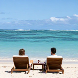 Caribbean Holidays, Martinique Couples Holidays, A couple relaxing on a stylish Martinique beach with loungers, clear water and gentle waves under a bright July sky