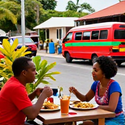 Caribbean Holidays, Martinique Couples Holidays, A couple sharing a colourful Creole meal at an outdoor restaurant in Fort-de-France, with Martinique street life and tropical plants nearby