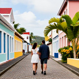 Caribbean Holidays, Martinique Couples Holidays, A couple strolling through colourful historic streets in Fort-de-France, Martinique, with colonial buildings and tropical plants