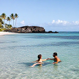 Caribbean Holidays, Martinique Couples Holidays, A couple swimming and snorkelling in clear waters beside a calm Martinique beach, palms and volcanic coastline in the background