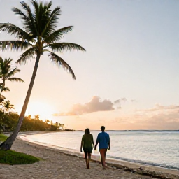 Caribbean Holidays, Martinique Couples Holidays, A couple walking hand in hand along a quiet Martinique beach at sunset, with palm trees and calm turquoise water